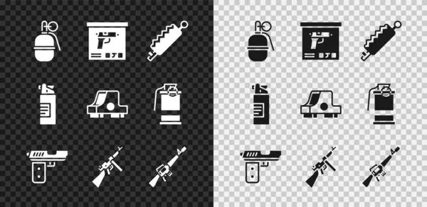 Set Hand grenade, Military ammunition box, Trap hunting, Pistol or gun, Tommy, M16A1 rifle, Weapons oil bottle and Collimator sight icon. Vector — Stock Vector