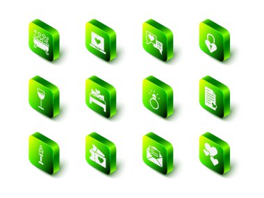 Flört uygulamasını çevrimiçi ayarla, Kalp konuşma balonunu, Kale 'nin kalp şeklini, Sevgililer Günü zarfı, elmas nişan yüzüğü, tebrik kartı ve aşk bileti ikonu. Vektör