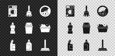 Çamaşır makinesi, süpürge, temizlik malzemesi için şişe, lastik pompa ve çöp kutusu ikonu hazırla. Vektör