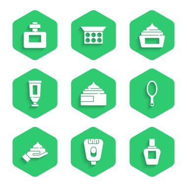 Krem veya losyon kozmetik tüpü, Epilatör, Parfüm, El aynası ve ikonu ayarla. Vektör