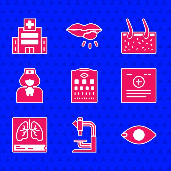 Set Eye test chart, Microscope, Cécité, Dossier clinique, Radiographie pulmonaire, Infirmière, Cheveux couvrant la peau et l'icône du bâtiment de l'hôpital médical. Vecteur — Image vectorielle