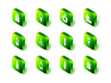 Ayaklar için sünger taşı, krem losyon kozmetik tüp, parfüm, tırnak törpüsü, Mascara fırçası ve sprey saç spreyi ikonu. Vektör