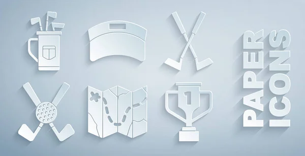 Set Golf course layout, Crossed golf club, with ball, Award cup, Sun visor cap and bag clubs icon. Vector