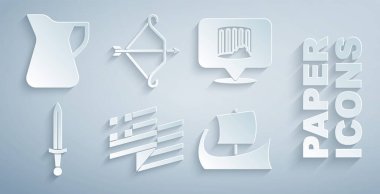 Yunanistan ulusal bayrağını Ortaçağ Ortaçağ kılıcı Yunan üçlü yayı, ok ve bir şişe zeytin yağı ikonu ile dök. Vektör.