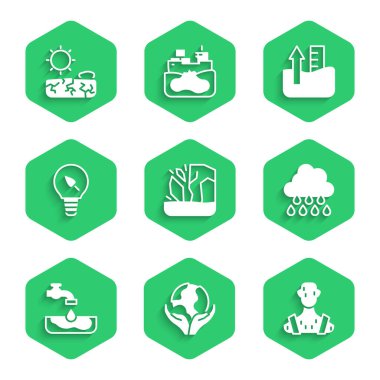 Buzul Eriyen El 'i, Dünya' nın yüksek vücut ısısını yağmur suyu problemi olan Bulut 'a ayarla. Ampul yaprağı su seviyesini ve kuraklık simgesini yükseltti. Vektör.