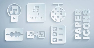 Müzik notası tonunu ayarla Disko topu dalga eşitleyici çalma listesi oynatıcı ve kare simgesinde çal. Vektör.