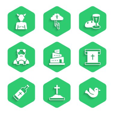 Babil Kulesi İncili 'nin hikâyesini, haçlı Dove Bayrağı, kutsal su şişesi, rahip kadehi, ekmek ve Krampus kahrolasıca ikonu ile hazırla. Vektör.