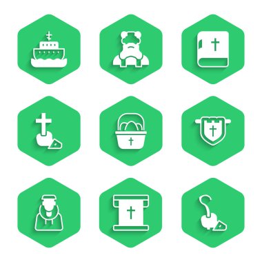 Paskalya yumurtalarıyla dolu bir sepet hazırla Hristiyan haçı sihirli değneği Keşiş kutsal İncil kitabı ve Nuh 'un Sandığı ikonu. Vektör.