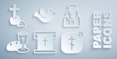 Hristiyan haçı Monk Kadehi ve ekmek ile bayrak dileyin. Online kilise papazı Dove ve Hristiyan ikonu vaaz ediyor. Vektör.