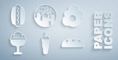 Acılı biberli biberli omletli dondurmayı ekmekli çörek ve Hotdog ikonuna koy. Vektör.