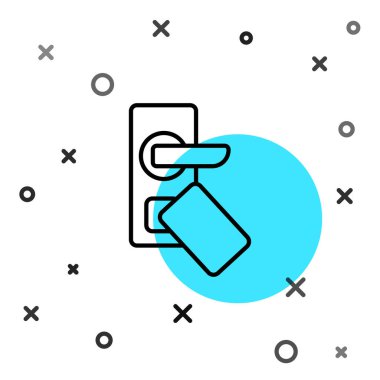 Beyaz arkaplanda izole edilmiş ikonu açmak için kablosuz teknolojiye sahip siyah çizgi dijital kapı kilidi. Kapı kolu tabelası. Güvenlik akıllı ev. Rastgele dinamik şekiller. Vektör.