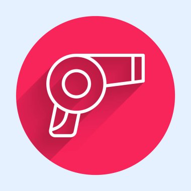 Beyaz çizgi saç kurutma makinesi ikonu uzun gölge arkaplanı ile izole edilmiş. Saç kurutma makinesi tabelası. Saç kurutma sembolü. Sıcak hava üflüyor. Kırmızı daire düğmesi. Vektör.