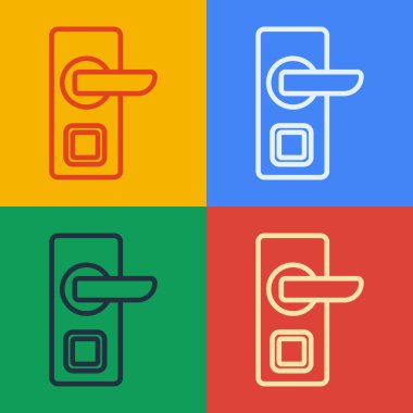 Pop Art Line Dijital kapı kilidi kablosuz kablo teknolojisiyle renk arkaplanda izole edilmiş ikonu açmak için. Kapı kolu tabelası. Güvenlik akıllı ev. Vektör.