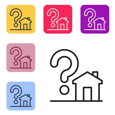 Beyaz arka planda soru işareti simgesi olan siyah çizgi evi. Konut sorunları, sorular. Renkli kare düğmelerle simgeleri ayarla. Vektör.
