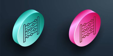 Isometric Line Abaküs simgesi siyah arkaplanda izole edildi. Geleneksel sayım çerçevesi. Eğitim işareti. Matematik okulu. Turkuaz ve pembe daire düğmesi. Vektör.
