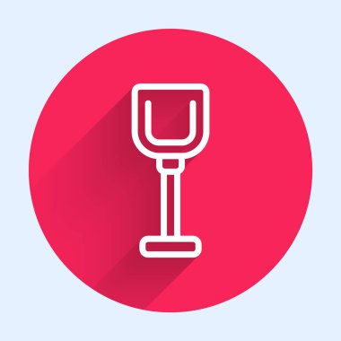 Beyaz çizgi kürek oyuncak ikonu uzun gölge arkaplan izole. Kırmızı daire düğmesi. Vektör.