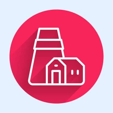 Beyaz hat elektrik santrali ve fabrika ikonu uzun gölgeli arka planda izole edilmiş. Enerji endüstrisi konsepti. Kırmızı daire düğmesi. Vektör.