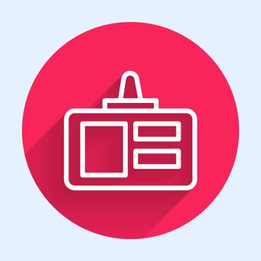 Beyaz çizgi tanımlama rozet simgesi uzun gölge arkaplan izole. Sunum için, şirketin kimliği için, reklam için kullanılabilir. Kırmızı daire düğmesi. Vektör.