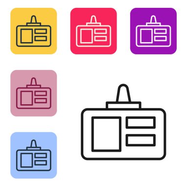 Beyaz arkaplanda siyah çizgi tanımlama simgesi izole edildi. Sunum için, şirketin kimliği için, reklam için kullanılabilir. Renkli kare düğmelerle simgeleri ayarla. Vektör.