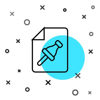 Beyaz arkaplanda siyah çizgi üzerine iğnelenmiş düğme simgesi olan not kağıdı. Not kağıdı tabelası. Rastgele dinamik şekiller. Vektör.