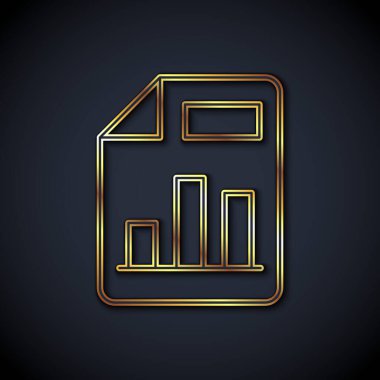 Grafik grafik simgesine sahip altın çizgi belgesi siyah arkaplanda izole edildi. Metin dosya simgesini rapor et. Muhasebe tabelası. Denetim, analiz, planlama. Vektör.