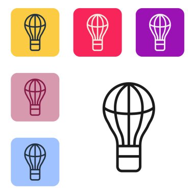 Siyah çizgi Sıcak hava balonu simgesi beyaz arkaplanda izole edildi. Seyahat için hava taşımacılığı. Renkli kare düğmelerle simgeleri ayarla. Vektör.