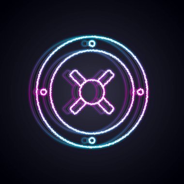 Parlayan neon hattı siyah arkaplanda güvenli simge. Kapı, şifreli bir banka kasası. Güvenilir Veri Koruma. Vektör.