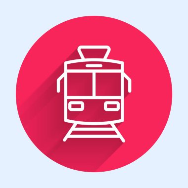 Tramvay ve demiryolu ikonu uzun gölgeli arka planda izole edilmiş. Toplu taşıma sembolü. Kırmızı daire düğmesi. Vektör.