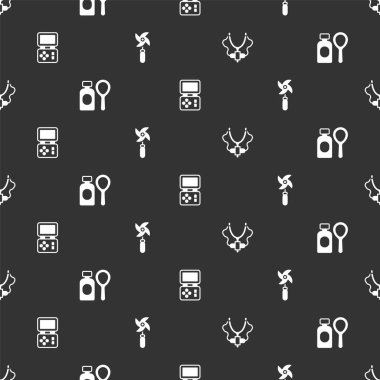 Sapan sabun köpüğü şişesi Tetris elektronik oyunu ve fırıldak oyuncağını kusursuz şekilde ayarla. Vektör.
