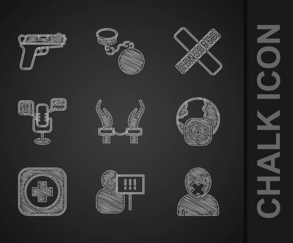 Set Handcuffs on hands of criminal Protest Censor freedom speech International day peace Hospital signboard Freedom Censored stamp and Pistol gun icon. Vector.