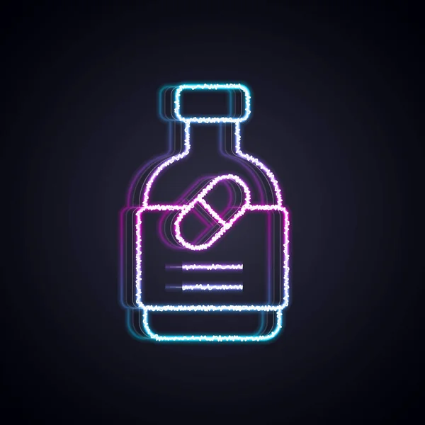 Leuchtende Neon Linie Medizin Flasche Und Pillen Symbol Isoliert Auf — Stockvektor