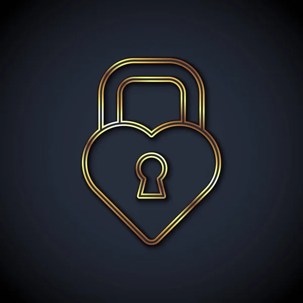 Gold Line Castle Shape Heart Icon Isolated Black Background Locked — Stock Vector