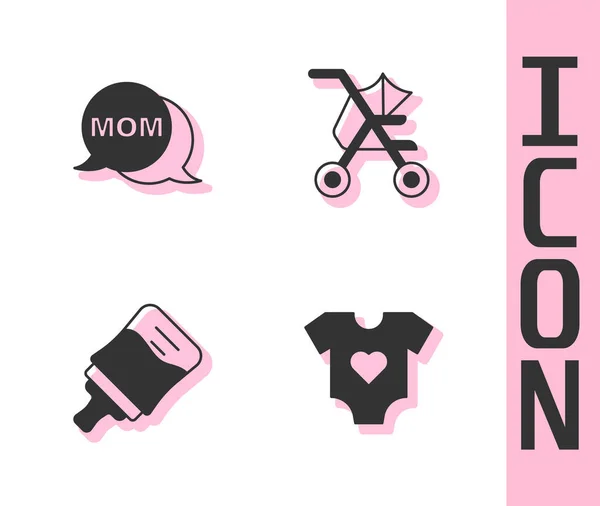 Set Babykleidung Sprechblase Mama Flasche Und Kinderwagen Symbol Vektor — Stockvektor