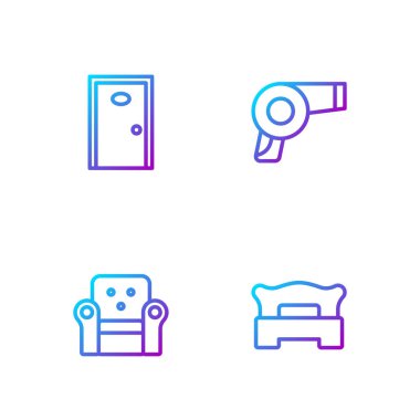 Yatak odası Armchair Hotel kapısı ve saç kurutma makinesi ayarlayın. Renk simgeleri. Vektör.