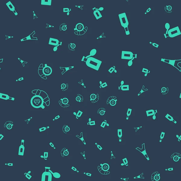 Şampanyalı parfüm şişesini kruvasanla ve Eyfel kulesiyle kusursuz bir şekle sokun. Vektör.