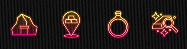 Set Lijn Gouden Ring Mijn Bars Een Gloeiend Neon Icoon — Stockvector