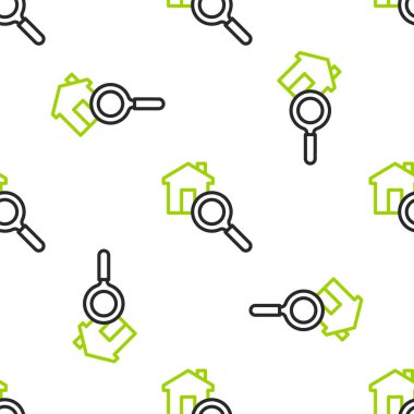 Hat Arama Evi simgesi beyaz arkaplanda izole edilmiş kusursuz desen. Büyüteç altındaki bir evin emlak sembolü. Vektör