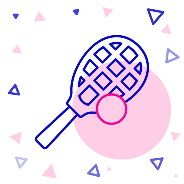 Raqueta de tenis de línea con icono de pelota aislada sobre fondo blanco. Equipamiento deportivo. Concepto de esquema colorido. Vector — Vector de stock