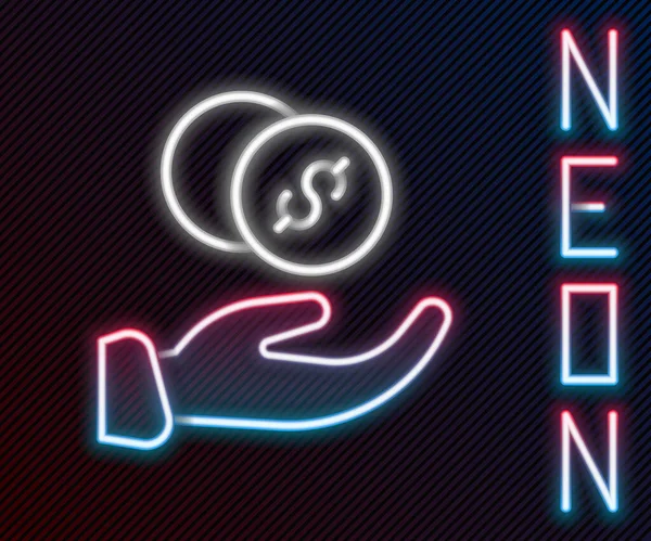 Ragyogó neon vonal Adomány kéz pénz ikon elszigetelt fekete alapon. A kéz adományszimbólumként pénzt ad. Adományoz pénzt és jótékonysági koncepciót. Színes vázlat koncepció. Vektor — Stock Vector