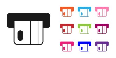 Kart okuyucu simgesine eklenen siyah kredi kartı beyaz arkaplanda izole edildi. ATM para makinesi. Simgeleri renklendirin. Vektör