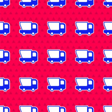 Mavi oyuncak kamyon ikonu kırmızı arka planda izole edilmiş. Vektör