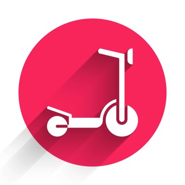 Uzun gölgeli izole edilmiş çocuk ikonu için beyaz tekerlekli scooter. Motoru tekmele ya da dengeli sür. Kırmızı daire düğmesi. Vektör