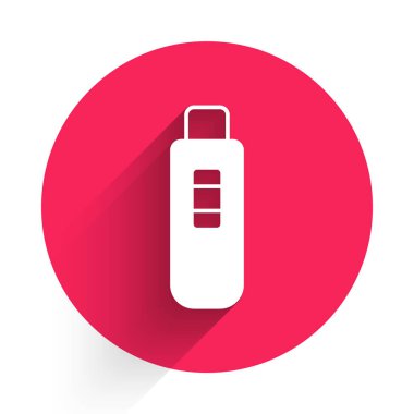 Beyaz Hamilelik testi simgesi uzun gölge arkaplanı ile izole edildi. Kırmızı daire düğmesi. Vektör