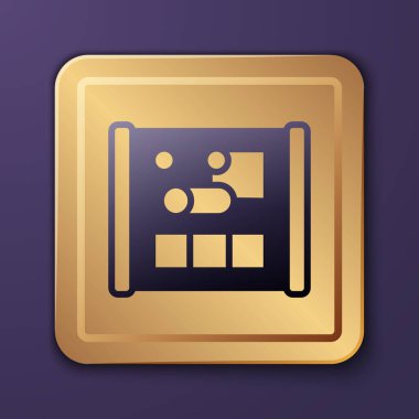 Mor arkaplanda izole edilmiş mühendislik simgesi için mor çizim kağıdı. Altın kare düğme. Vektör