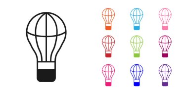 Siyah Sıcak Hava Balonu simgesi beyaz arkaplanda izole edildi. Seyahat için hava taşımacılığı. Simgeleri renklendirin. Vektör