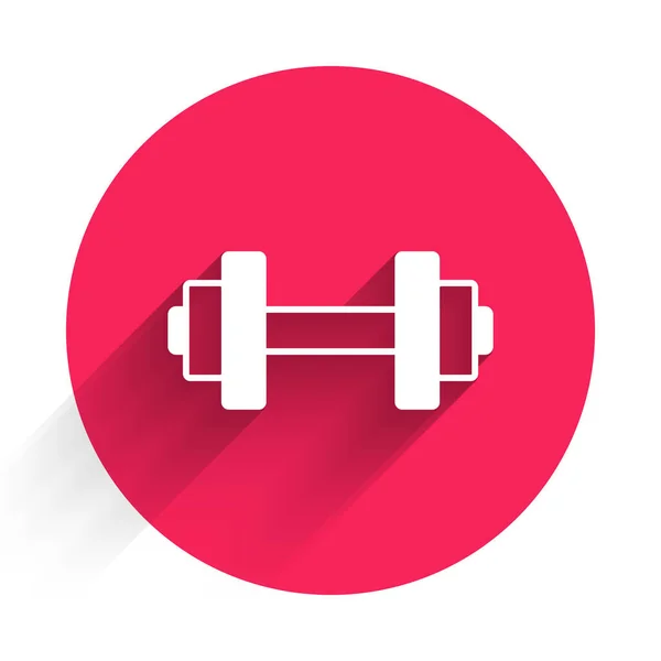 Weißes Hantel-Symbol isoliert mit langem Schatten Hintergrund. Muskelheben, Fitness-Langhantel, Sportgeräte. Roter Kreis Knopf. Vektor — Stockvektor
