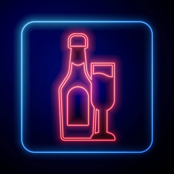 Świecąca neonowa butelka szampana z szklaną ikoną odizolowaną na czarnym tle. Wektor — Wektor stockowy