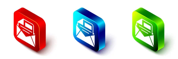 Isometrische Mail en e-mail icoon geïsoleerd op witte achtergrond. Envelop symbool e-mail. E-mailbericht teken. Rode, blauwe en groene vierkante knop. Vector — Stockvector