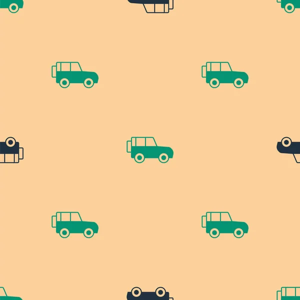 Verde y negro Off road coche icono aislado patrón sin costuras sobre fondo beige. Vector — Archivo Imágenes Vectoriales