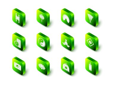 Çin kağıt feneri, fal kurabiyesi, Çin porseleni katlama vantilatörü, Yin Yang, Havai fişek, kesme tahtasında köfte, şapka ve nilüfer çiçeği ikonu. Vektör